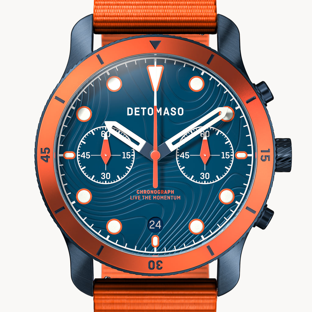 VENTURE CHRONOGRAPH 
TOPO BLUE - Ocean Plastic Orange Woven - Detomaso Watches
