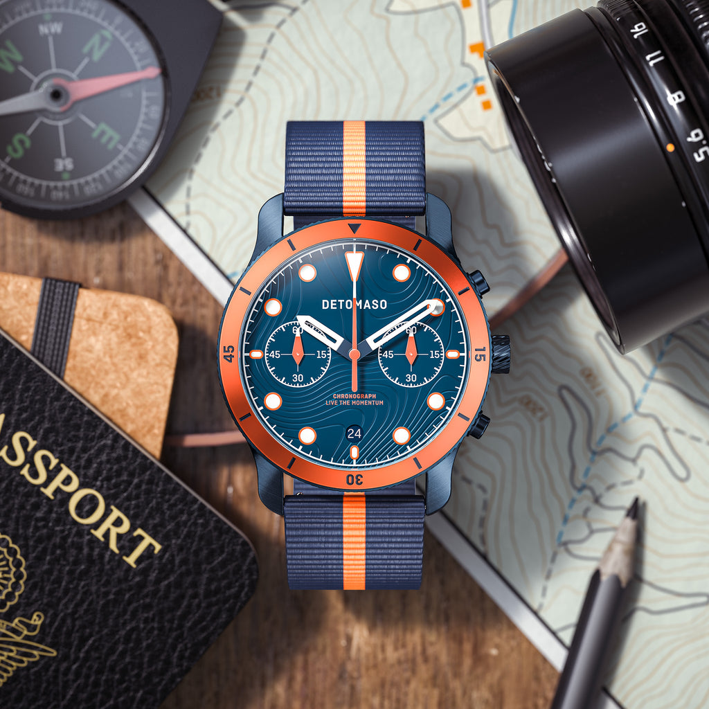 VENTURE CHRONOGRAPH 
TOPO BLUE - Ocean Plastic Dark blue Orange Woven - Detomaso Watches