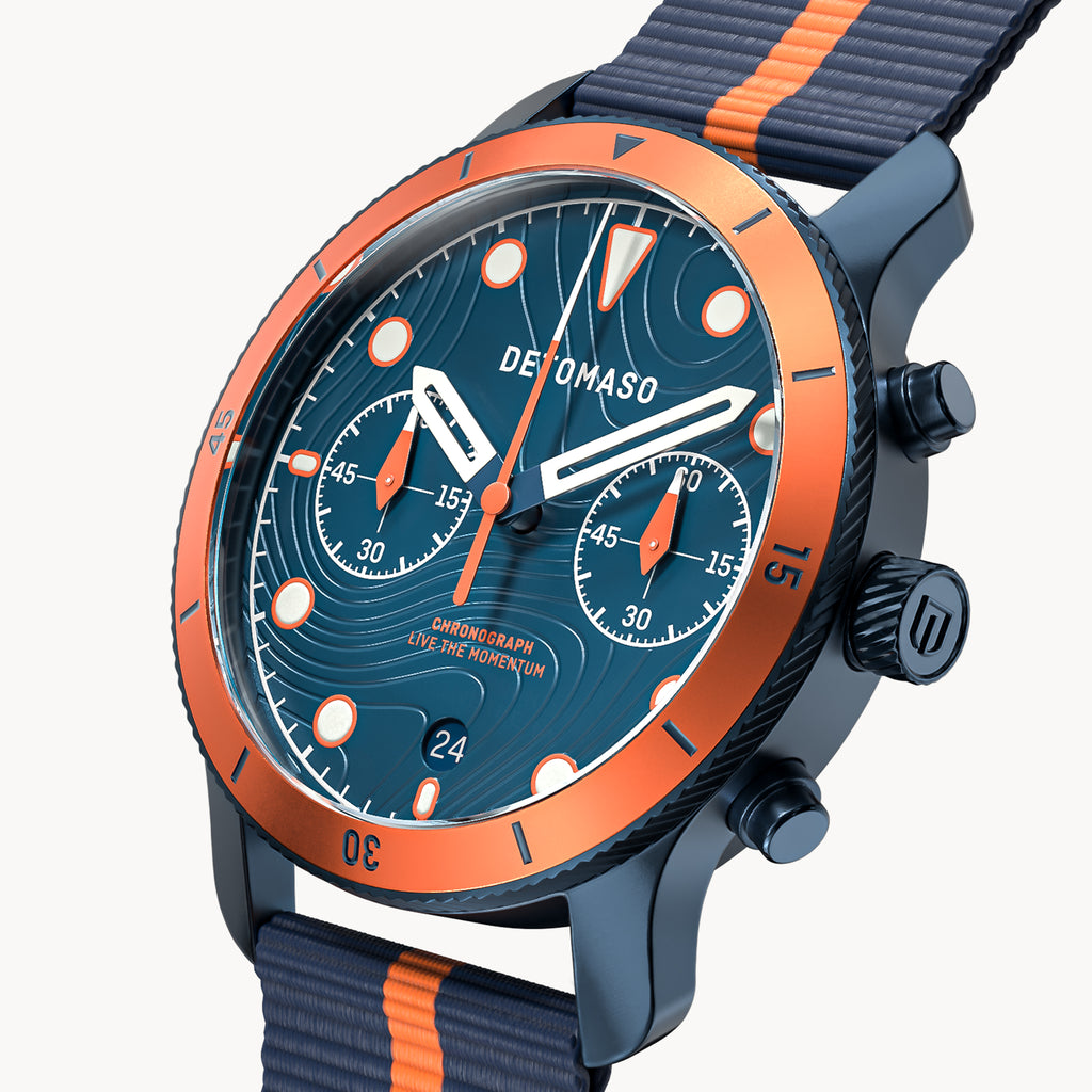 VENTURE CHRONOGRAPH 
TOPO BLUE - Ocean Plastic Dark blue Orange Woven - Detomaso Watches