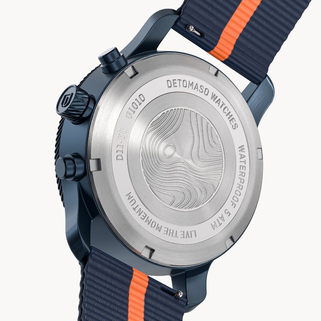 VENTURE CHRONOGRAPH 
TOPO BLUE - Ocean Plastic Dark blue Orange Woven - Detomaso Watches