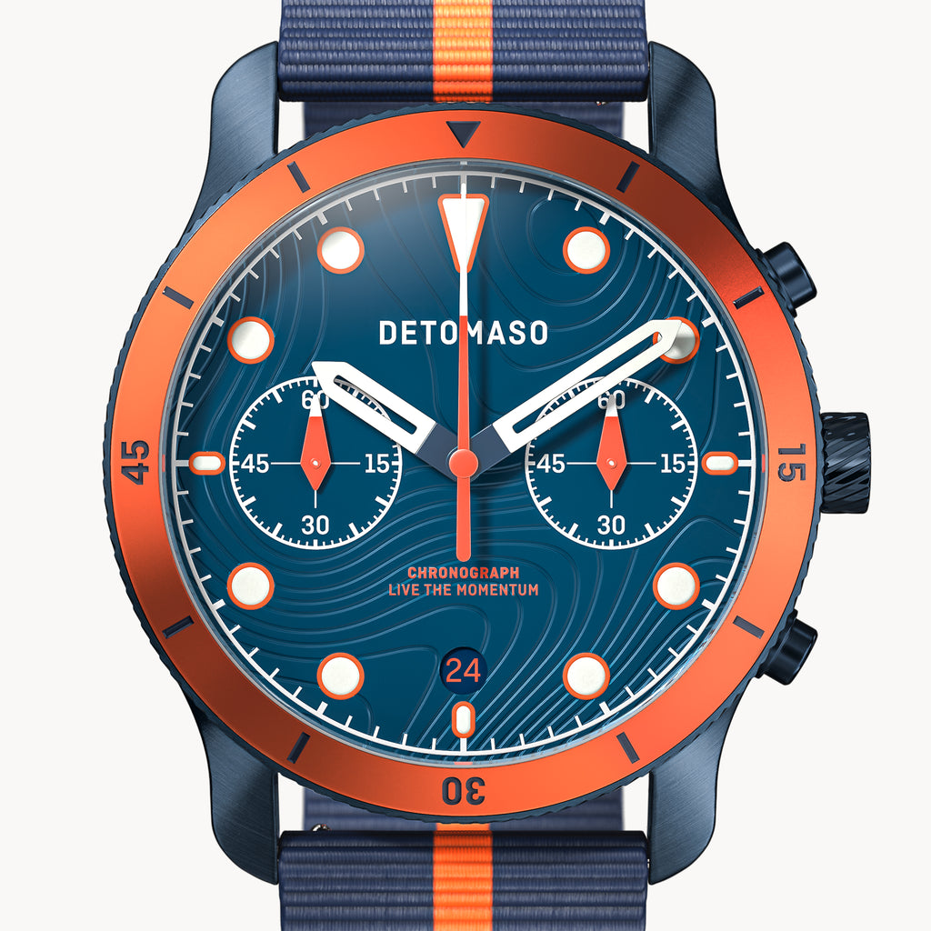 VENTURE CHRONOGRAPH 
TOPO BLUE - Ocean Plastic Dark blue Orange Woven - Detomaso Watches