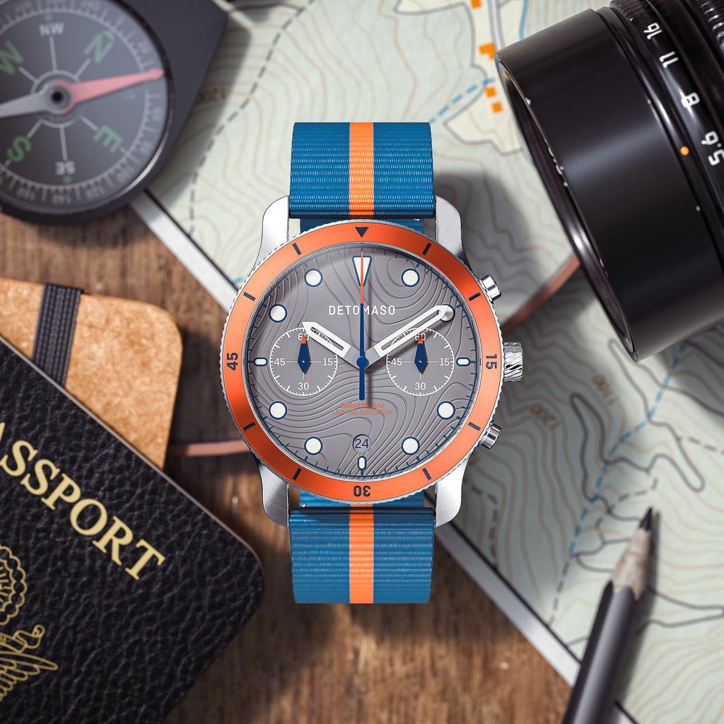 VENTURE CHRONOGRAPH TOPO GRAY - Ocean Plastic Blue Orange Woven - Detomaso Watches