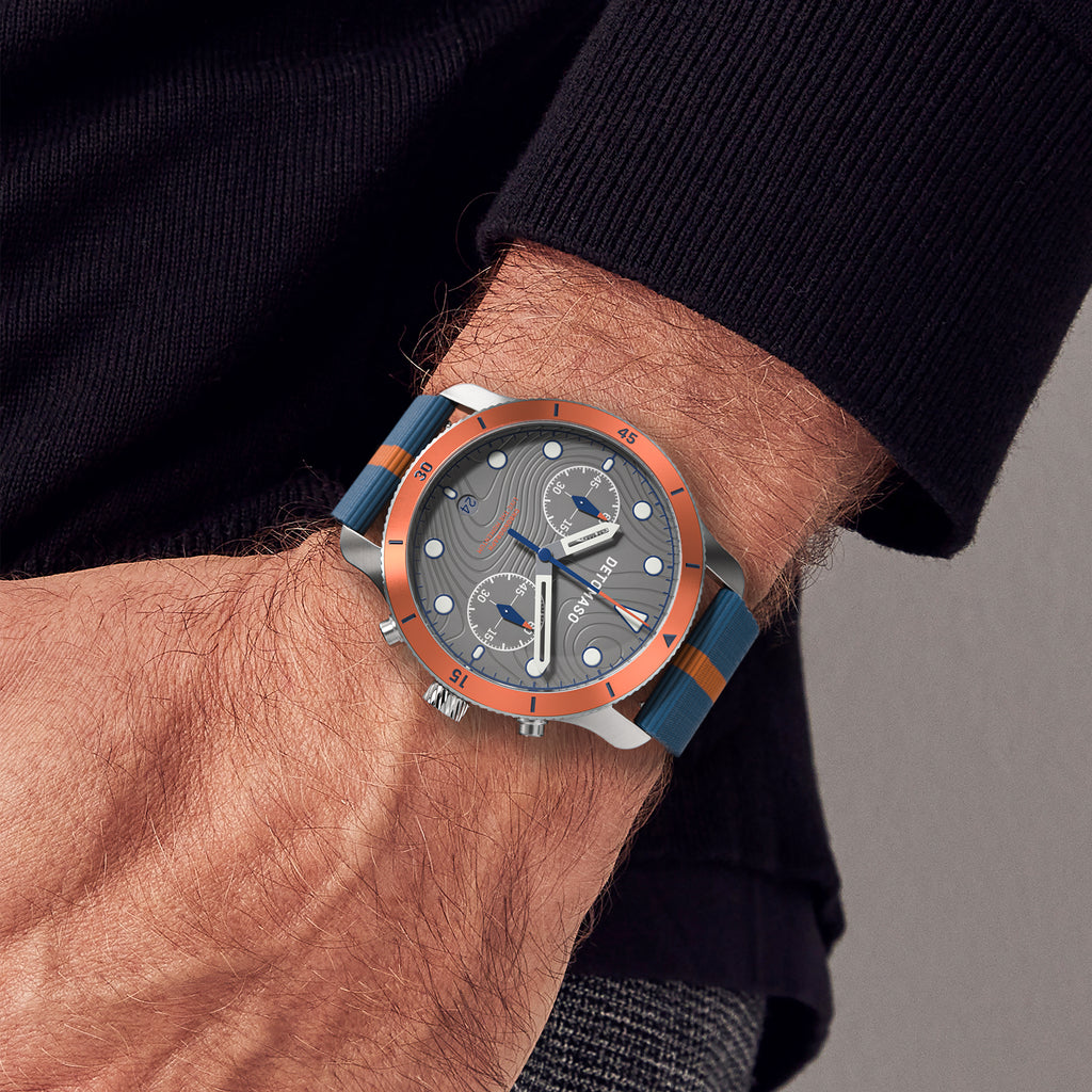 VENTURE CHRONOGRAPH TOPO GRAY - Ocean Plastic Blue Orange Woven - Detomaso Watches