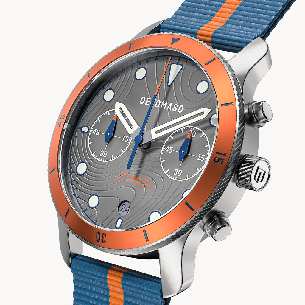 VENTURE CHRONOGRAPH TOPO GRAY - Ocean Plastic Blue Orange Woven - Detomaso Watches