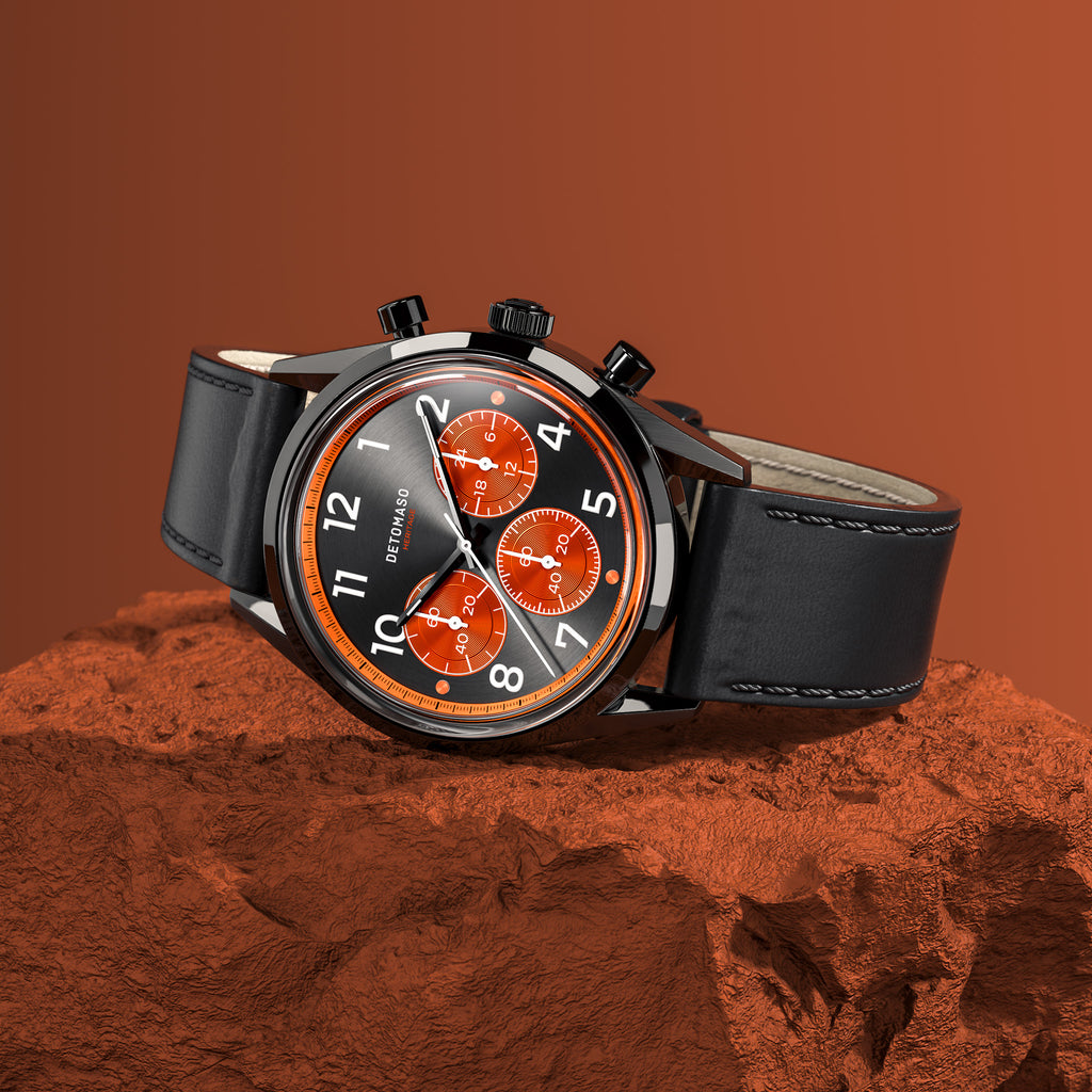 HERITAGE CHRONOGRAPH GRAY ORANGE - Vegan Apple Leather Black Smooth - Detomaso Watches