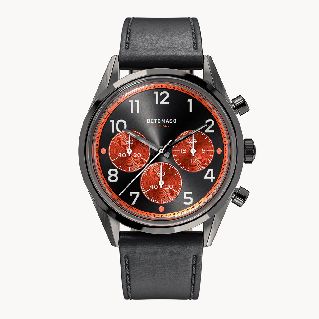HERITAGE CHRONOGRAPH GRAY ORANGE - Vegan Apple Leather Black Smooth - Detomaso Watches