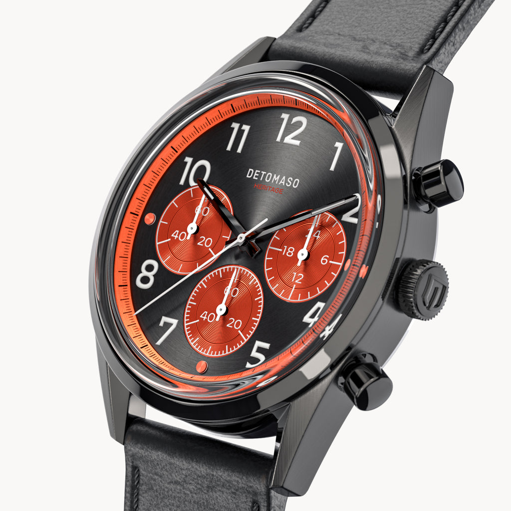 HERITAGE CHRONOGRAPH GRAY ORANGE - Vegan Apple Leather Black Smooth - Detomaso Watches