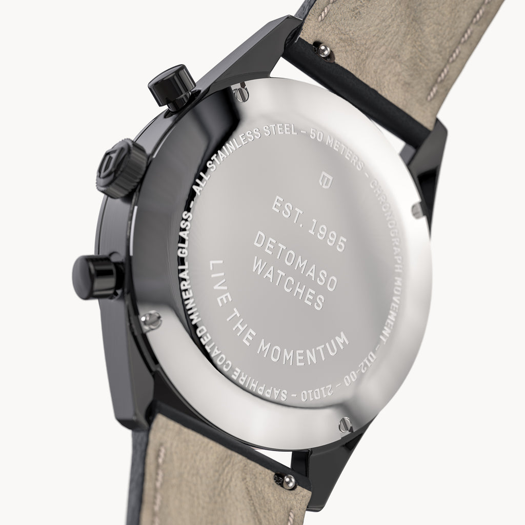 HERITAGE CHRONOGRAPH GRAY ORANGE - Vegan Apple Leather Black Smooth - Detomaso Watches