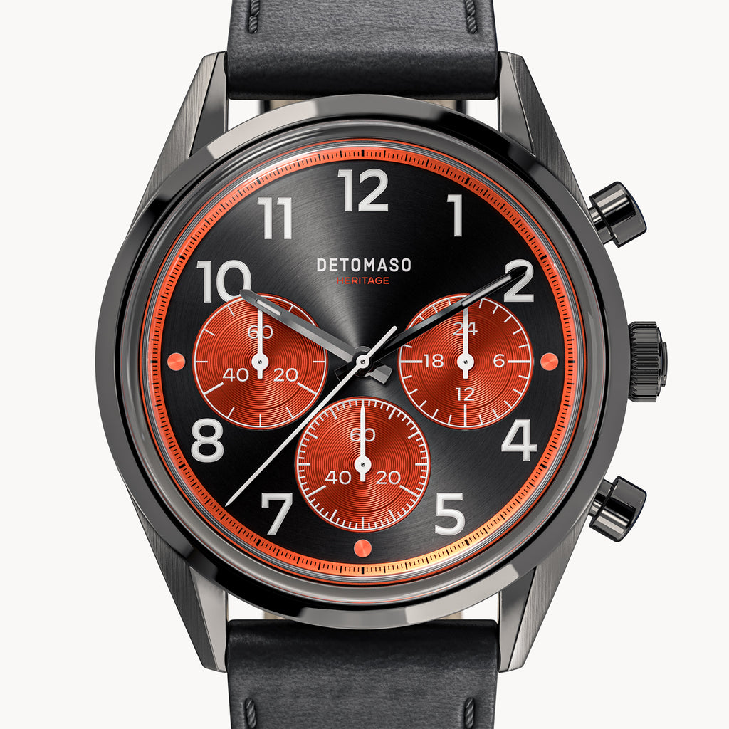 HERITAGE CHRONOGRAPH GRAY ORANGE - Vegan Apple Leather Black Smooth - Detomaso Watches