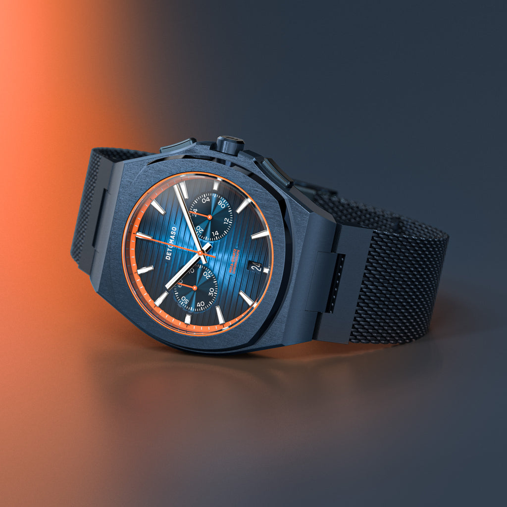 DeTomaso VOLTRE Chrono First Edition Blue Orange Orologio da polso da uomo Analogico al quarzo Acciaio inossidabile Blu, blu, Bracciale DeTomaso VOLTRE Chrono First Edition Blue Orange Orologio da polso da uomo Analogico al quarzo Acciaio inossidabile Blu, blu, Bracciale