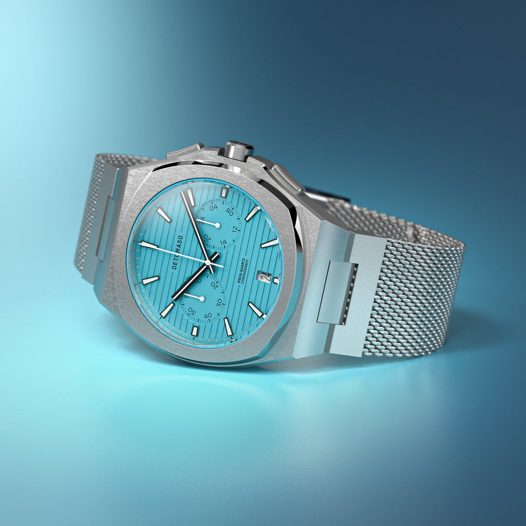 VOLTRE CHRONOGRAPH FIRST EDITION MINTY BLUE - Mesh Silver Brushed - Detomaso Watches