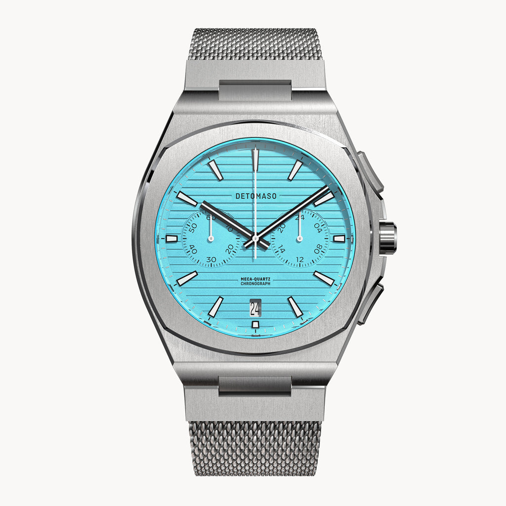 VOLTRE CHRONOGRAPH FIRST EDITION MINTY BLUE - Mesh Silver Brushed - Detomaso Watches