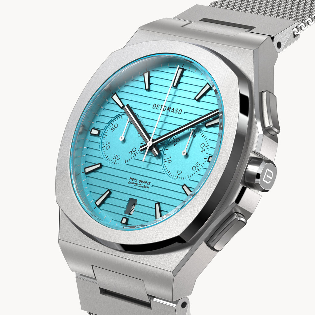 VOLTRE CHRONOGRAPH FIRST EDITION MINTY BLUE - Mesh Silver Brushed - Detomaso Watches