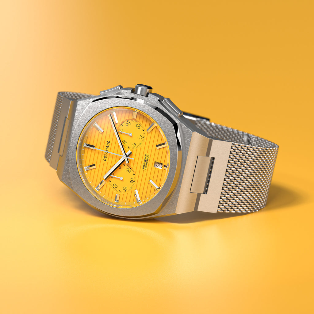VOLTRE CHRONOGRAPH FIRST EDITION GIALLO - Mesh Silver Brushed - Detomaso Watches