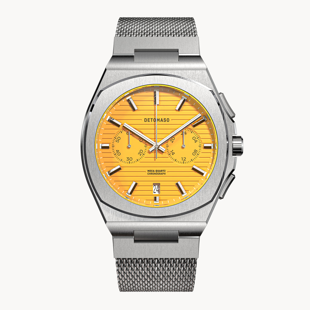 VOLTRE CHRONOGRAPH FIRST EDITION GIALLO - Mesh Silver Brushed - Detomaso Watches