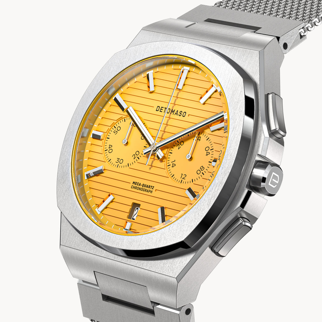 VOLTRE CHRONOGRAPH FIRST EDITION GIALLO - Mesh Silver Brushed - Detomaso Watches
