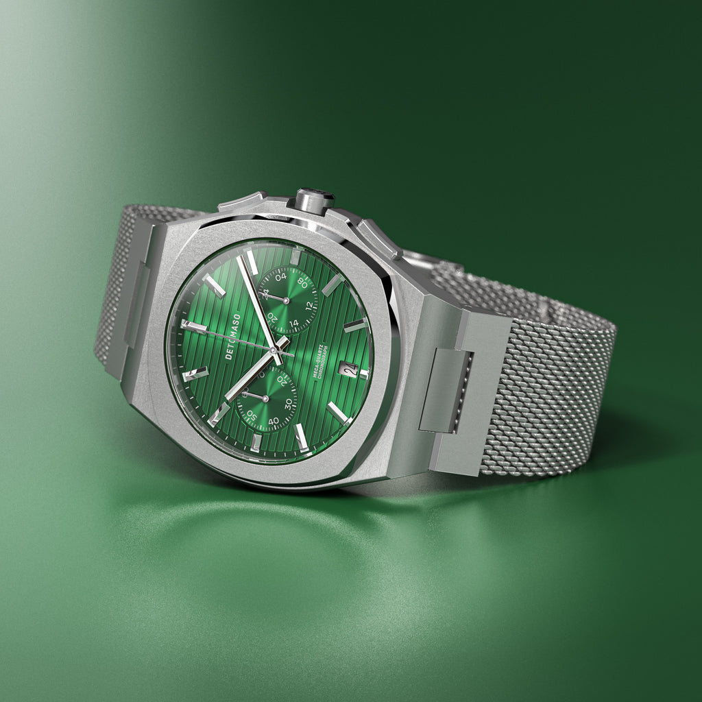 VOLTRE CHRONOGRAPH FIRST EDITION GREEN - Mesh Silver Brushed - Detomaso Watches