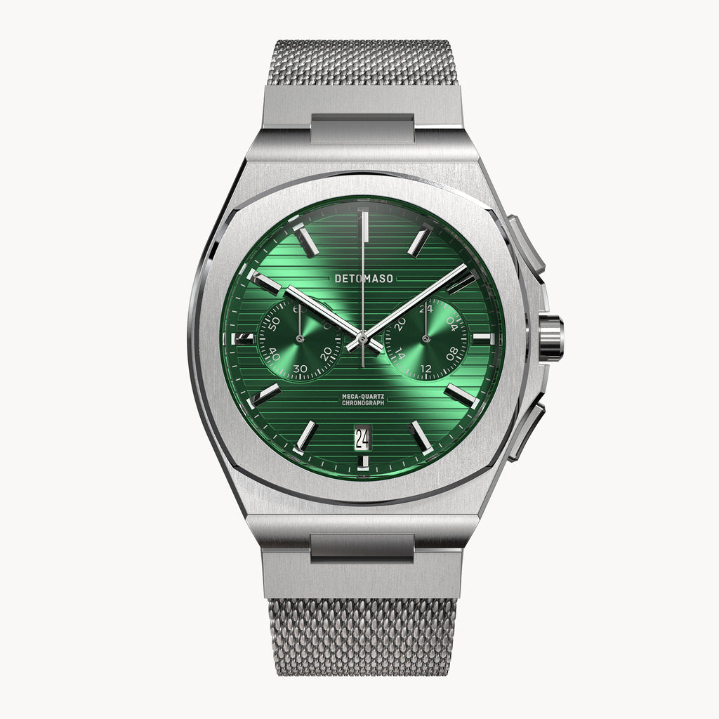 VOLTRE CHRONOGRAPH FIRST EDITION GREEN - Mesh Silver Brushed - Detomaso Watches