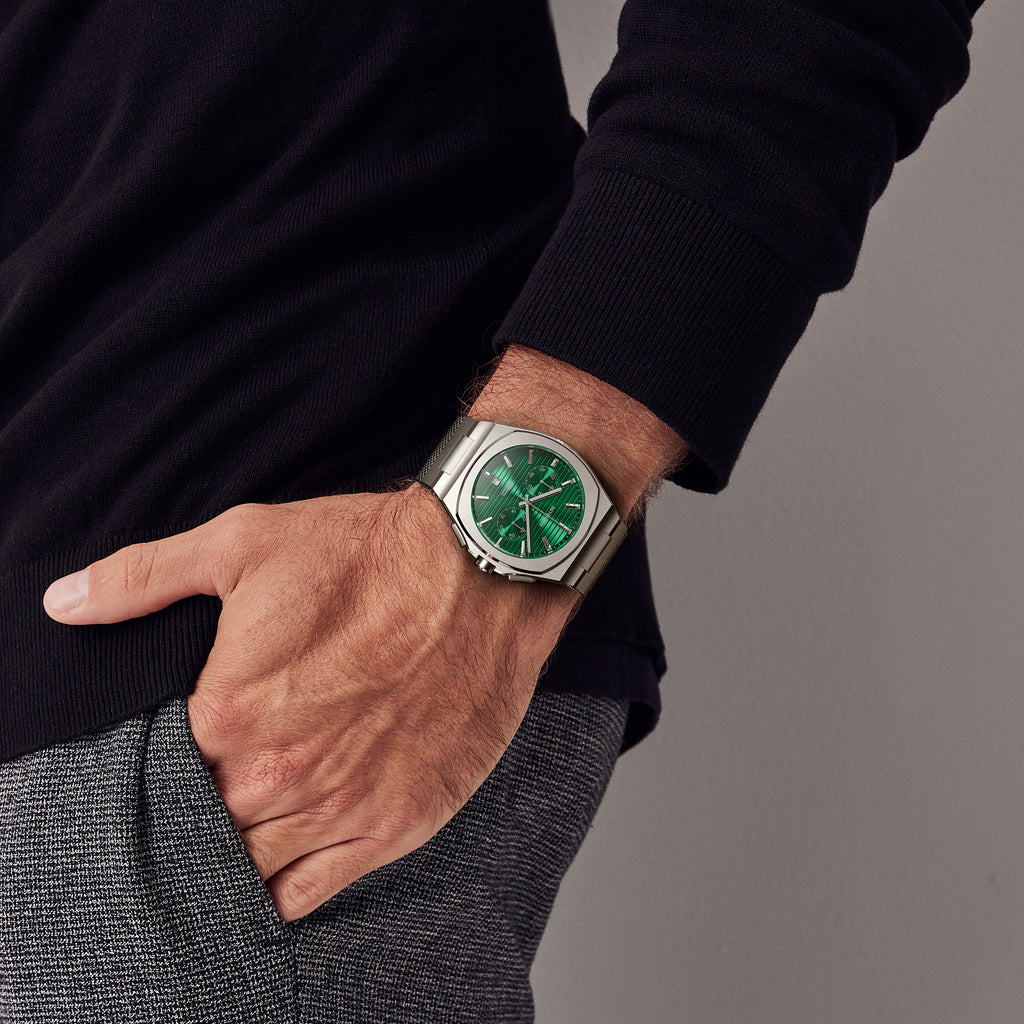 VOLTRE CHRONOGRAPH FIRST EDITION GREEN - Mesh Silver Brushed - Detomaso Watches