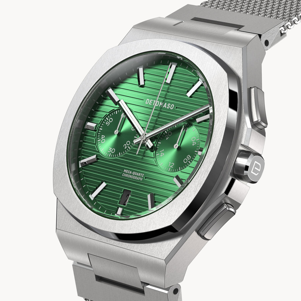 VOLTRE CHRONOGRAPH FIRST EDITION GREEN - Mesh Silver Brushed - Detomaso Watches