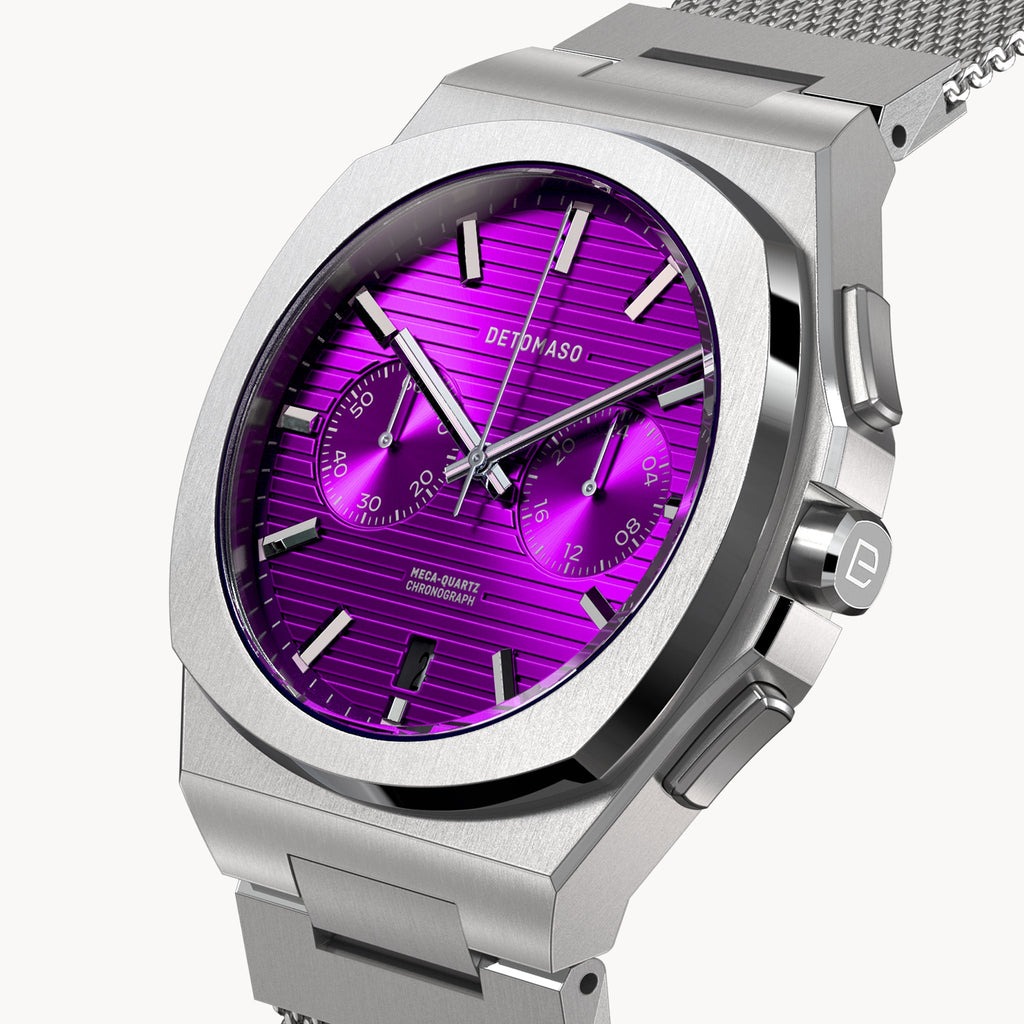 VOLTRE CHRONO PURPLE - Mesh Silver Brushed - Detomaso Watches
