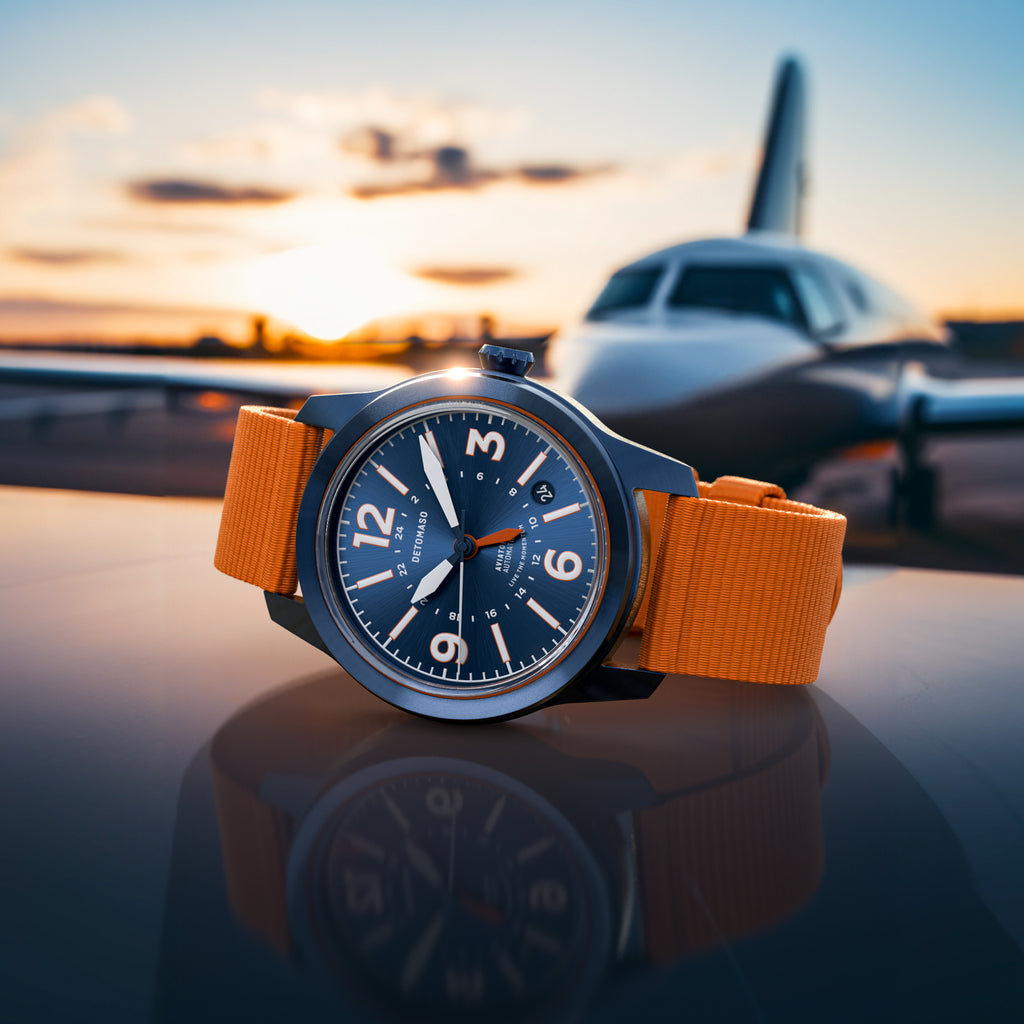 AVIATORE AUTOMATIC GMT
 BLUE ORANGE
 - Ocean Plastic Orange Woven - Detomaso Watches