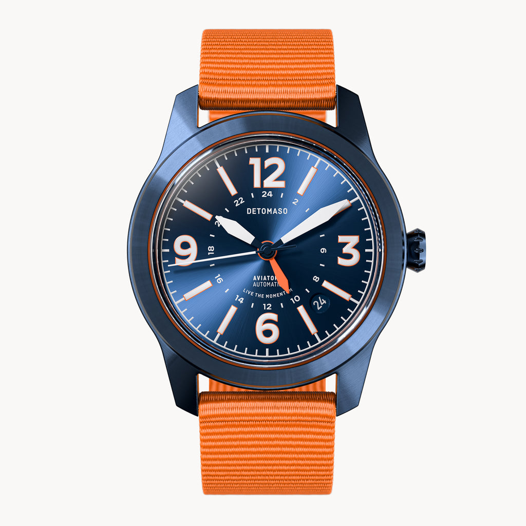 AVIATORE AUTOMATIC GMT
 BLUE ORANGE
 - Ocean Plastic Orange Woven - Detomaso Watches