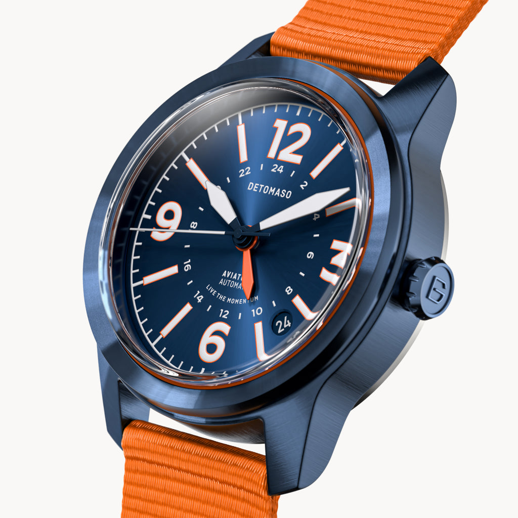 AVIATORE AUTOMATIC GMT
 BLUE ORANGE
 - Ocean Plastic Orange Woven - Detomaso Watches