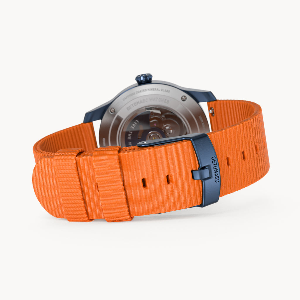 AVIATORE AUTOMATIC GMT
 BLUE ORANGE
 - Ocean Plastic Orange Woven - Detomaso Watches