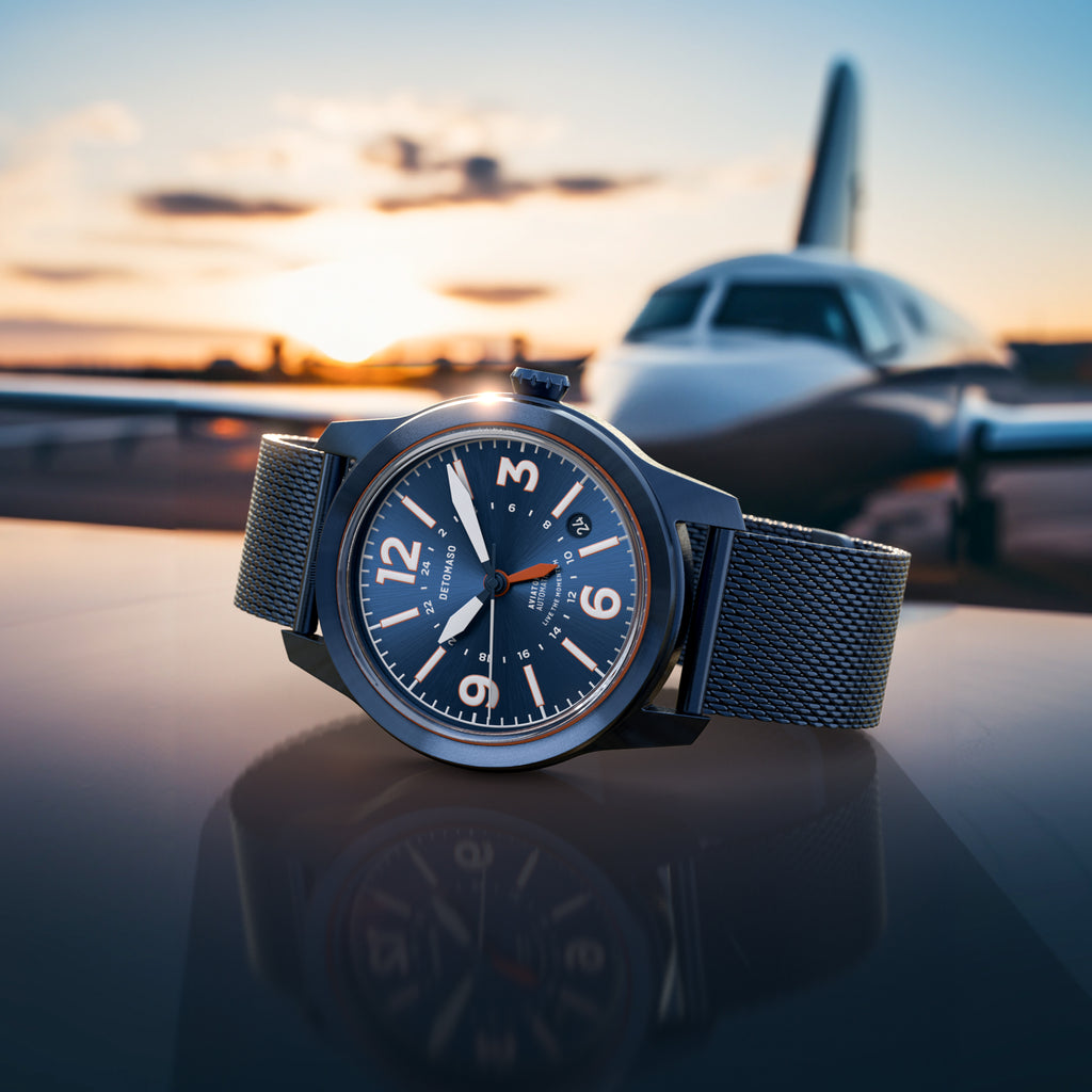 AVIATORE AUTOMATIC GMT
 BLUE ORANGE
 - Mesh Blue Brushed - Detomaso Watches
