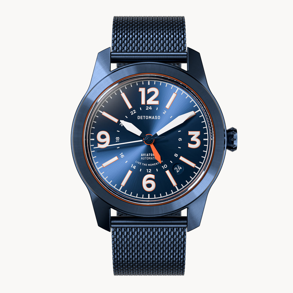 AVIATORE AUTOMATIC GMT
 BLUE ORANGE
 - Mesh Blue Brushed - Detomaso Watches