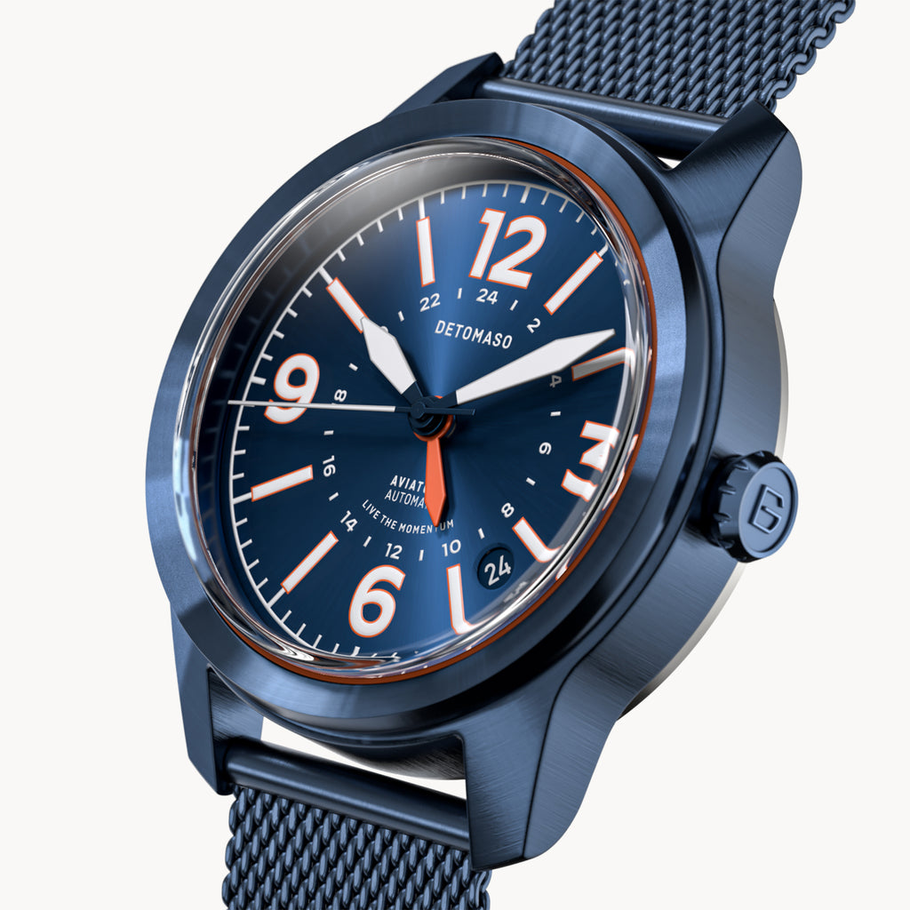 AVIATORE AUTOMATIC GMT
 BLUE ORANGE
 - Mesh Blue Brushed - Detomaso Watches