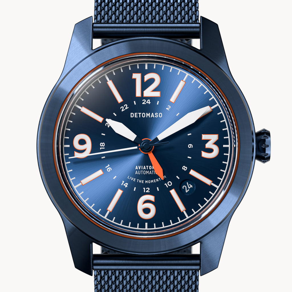 AVIATORE AUTOMATIC GMT
 BLUE ORANGE
 - Mesh Blue Brushed - Detomaso Watches