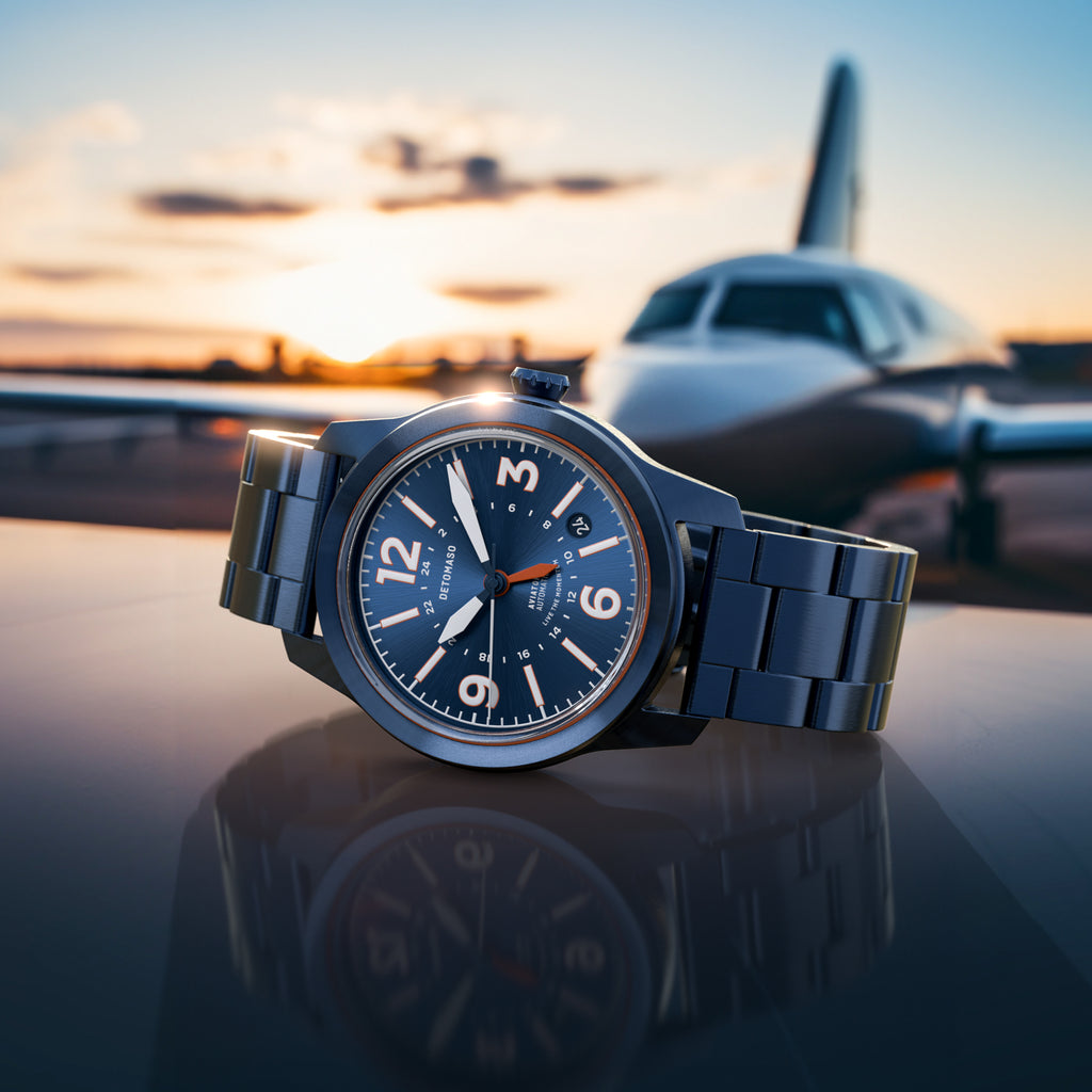 AVIATORE AUTOMATIC GMT
 BLUE ORANGE
 - Stainless steel Blue Brushed - Detomaso Watches