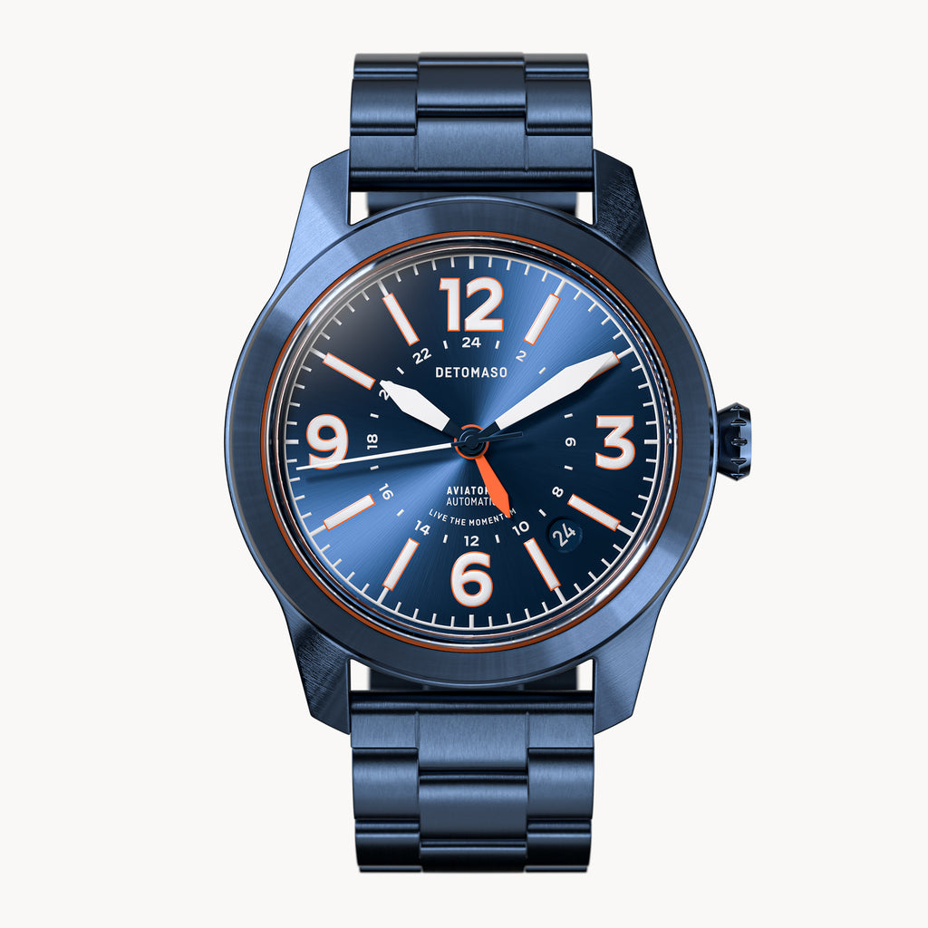 AVIATORE AUTOMATIC GMT
 BLUE ORANGE
 - Stainless steel Blue Brushed - Detomaso Watches