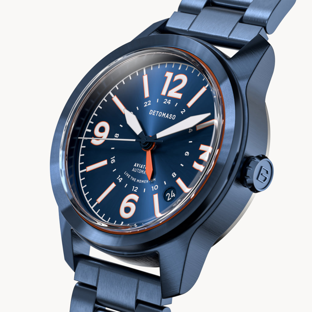 AVIATORE AUTOMATIC GMT
 BLUE ORANGE
 - Stainless steel Blue Brushed - Detomaso Watches