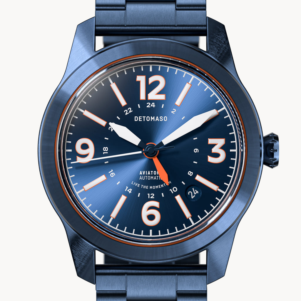 AVIATORE AUTOMATIC GMT
 BLUE ORANGE
 - Stainless steel Blue Brushed - Detomaso Watches
