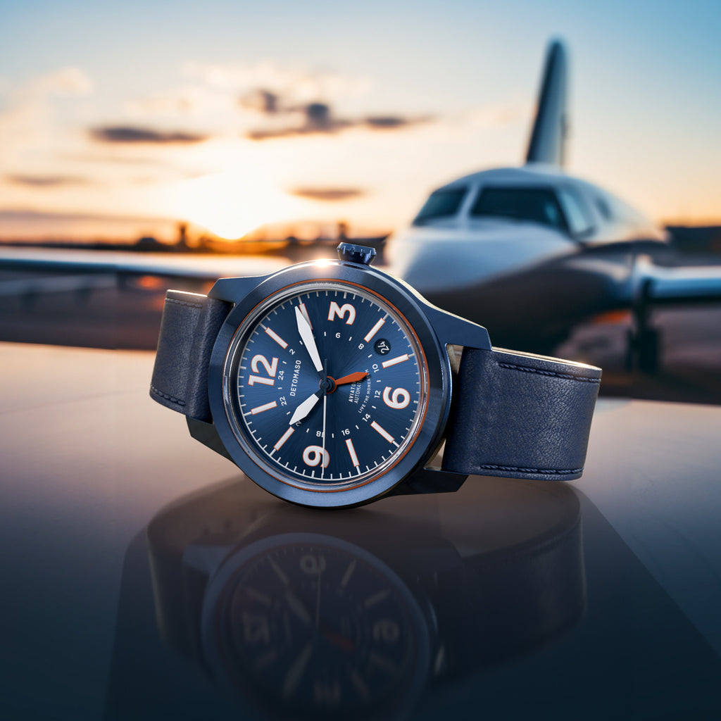 AVIATORE AUTOMATIC GMT
 BLUE ORANGE
 - Leather Blue Toscano - Detomaso Watches