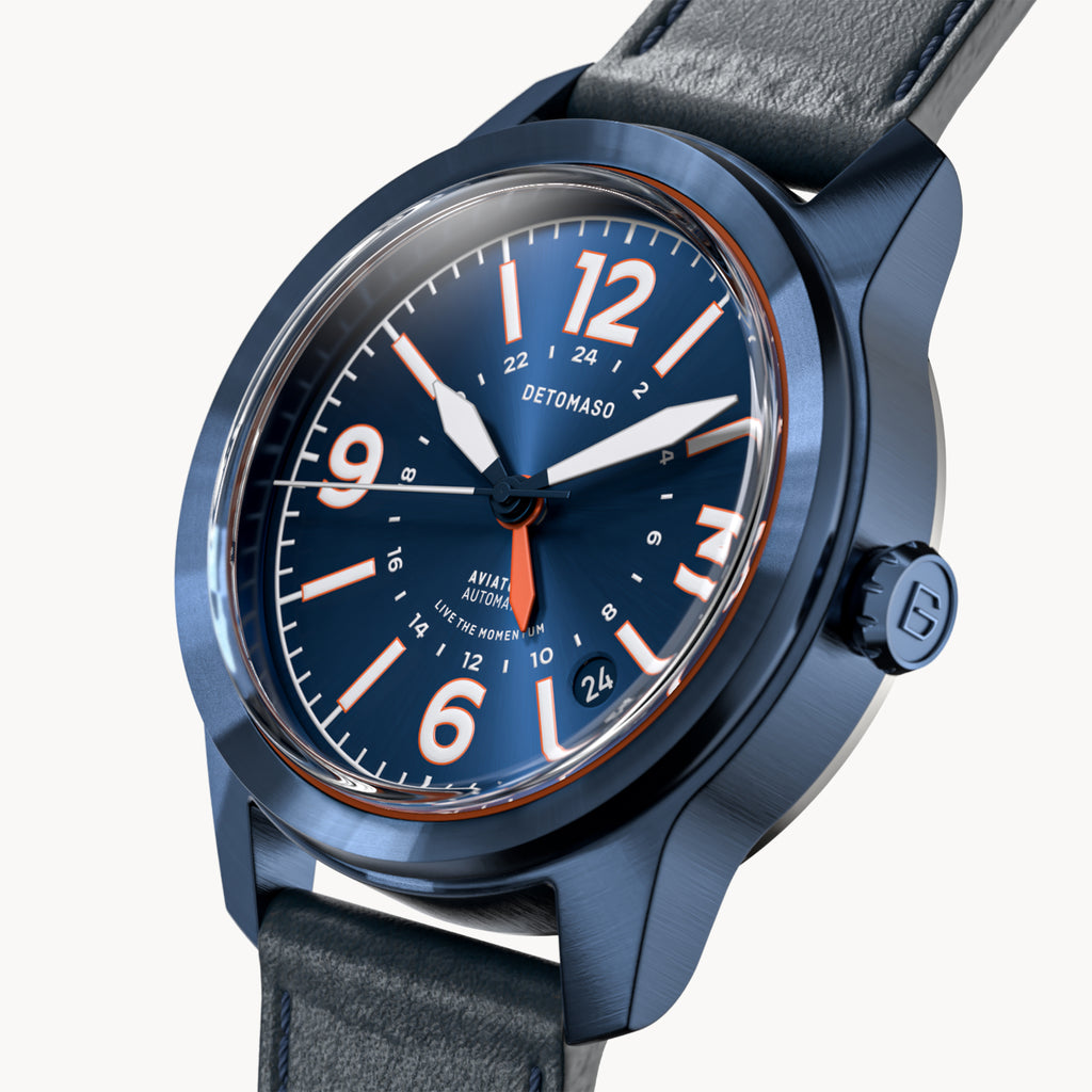 AVIATORE AUTOMATIC GMT
 BLUE ORANGE
 - Leather Blue Toscano - Detomaso Watches