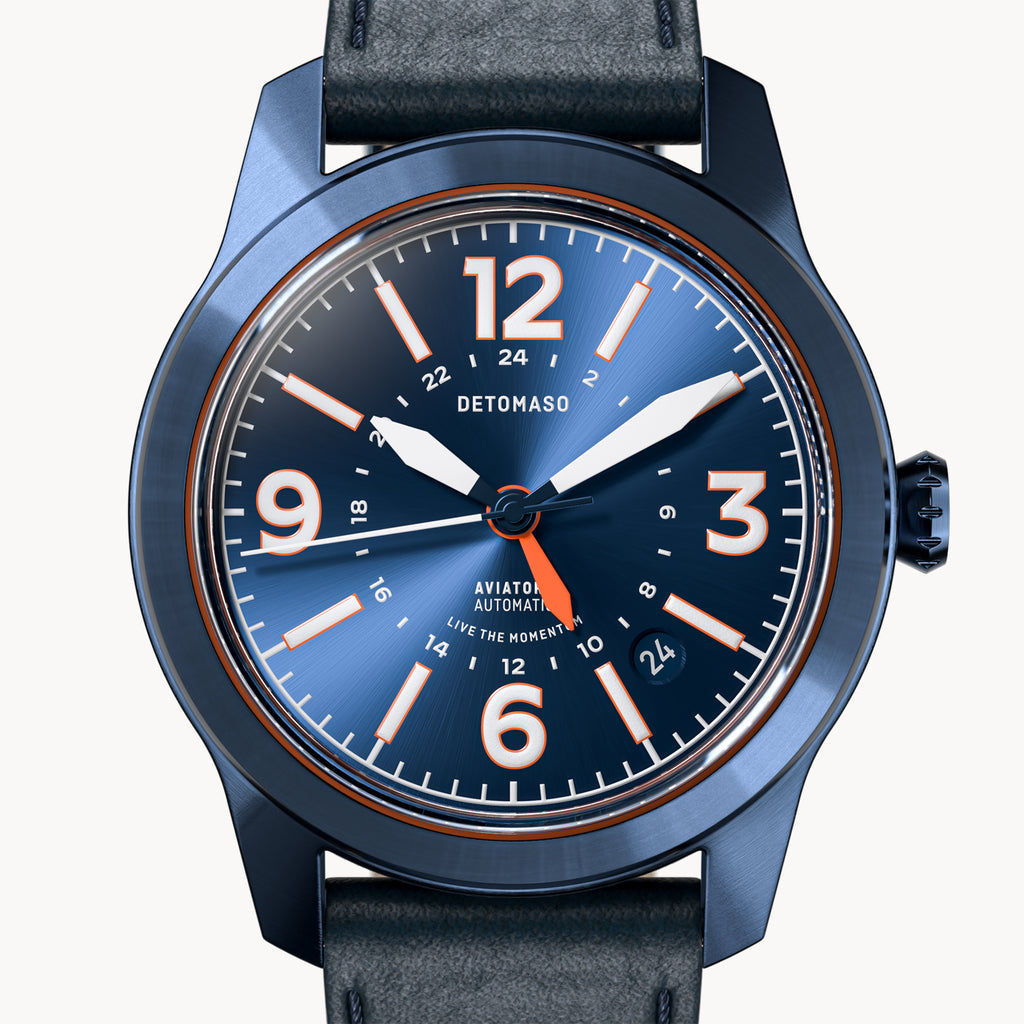 AVIATORE AUTOMATIC GMT
 BLUE ORANGE
 - Leather Blue Toscano - Detomaso Watches