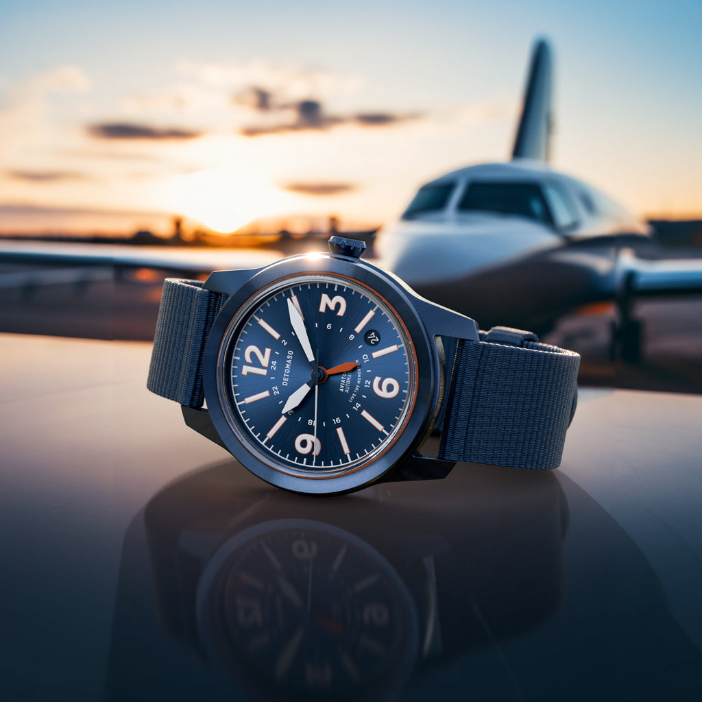 AVIATORE AUTOMATIC GMT
 BLUE ORANGE
 - Ocean Plastic Dark blue Woven - Detomaso Watches