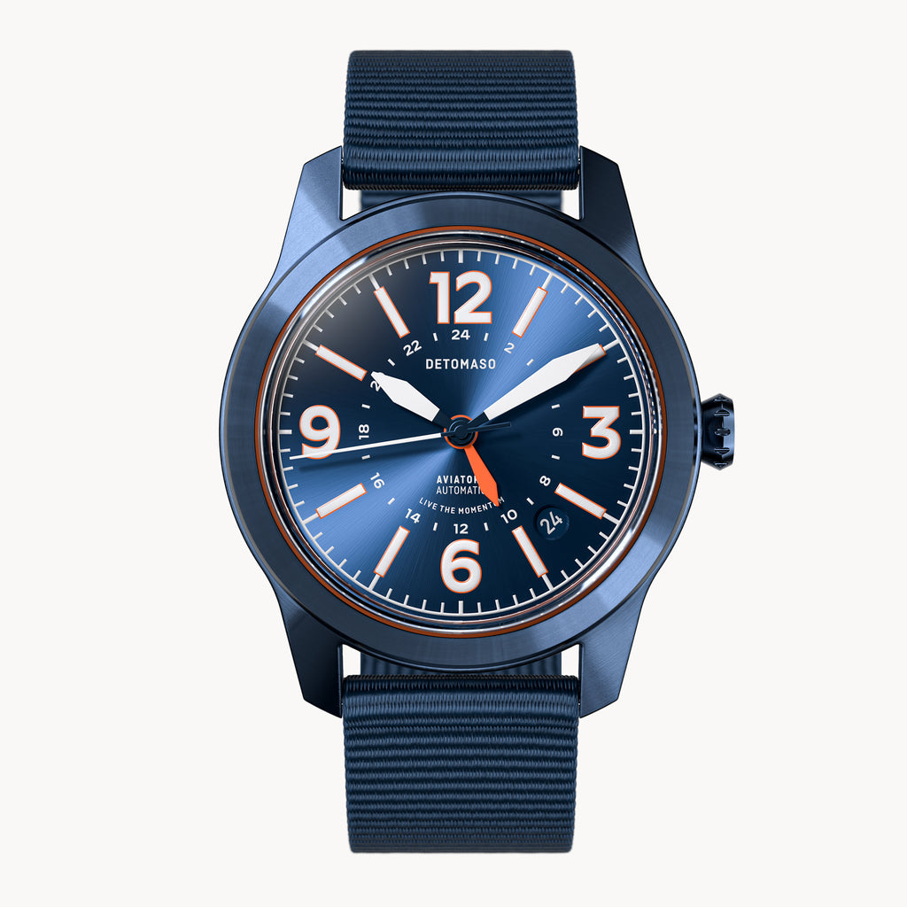 AVIATORE AUTOMATIC GMT
 BLUE ORANGE
 - Ocean Plastic Dark blue Woven - Detomaso Watches
