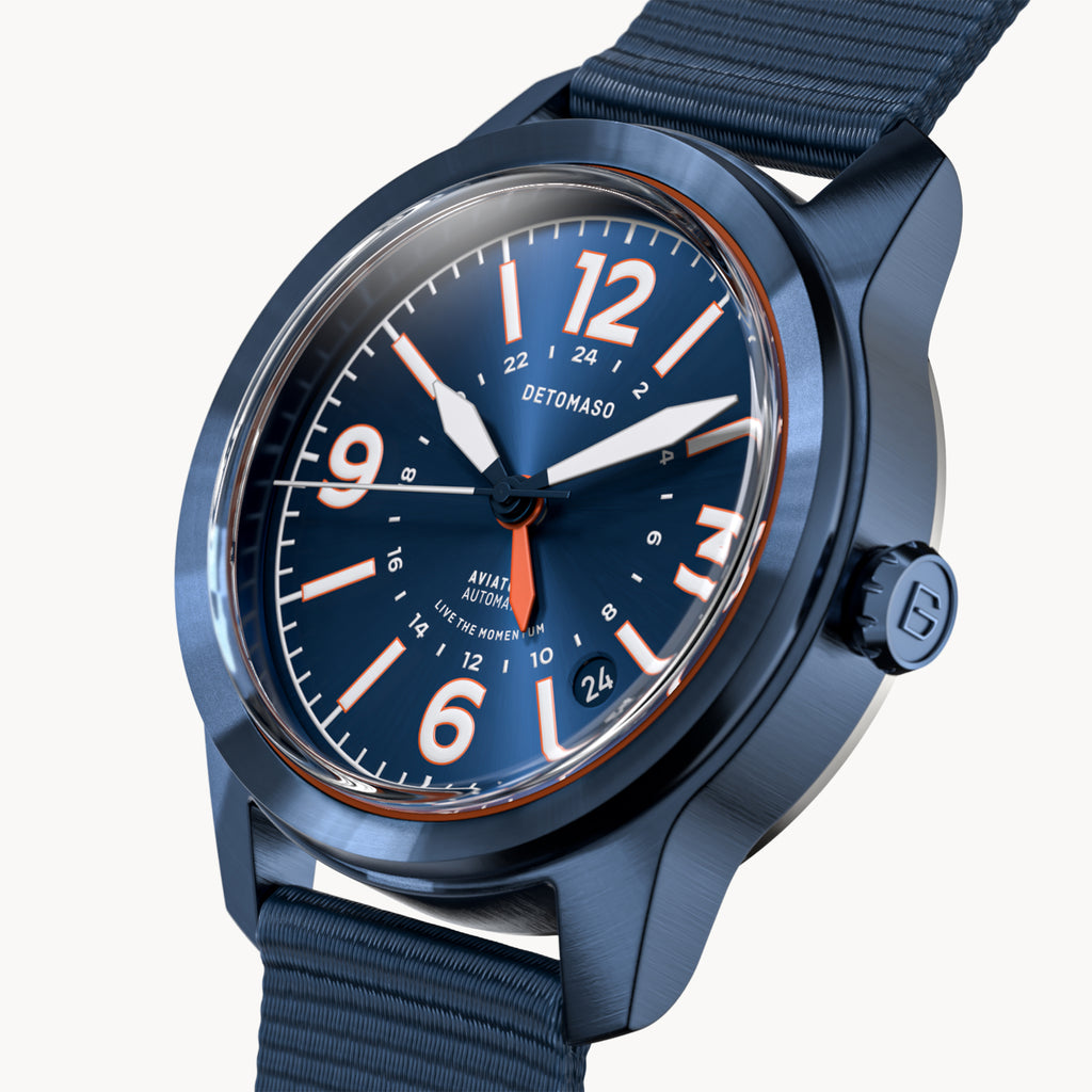 AVIATORE AUTOMATIC GMT
 BLUE ORANGE
 - Ocean Plastic Dark blue Woven - Detomaso Watches