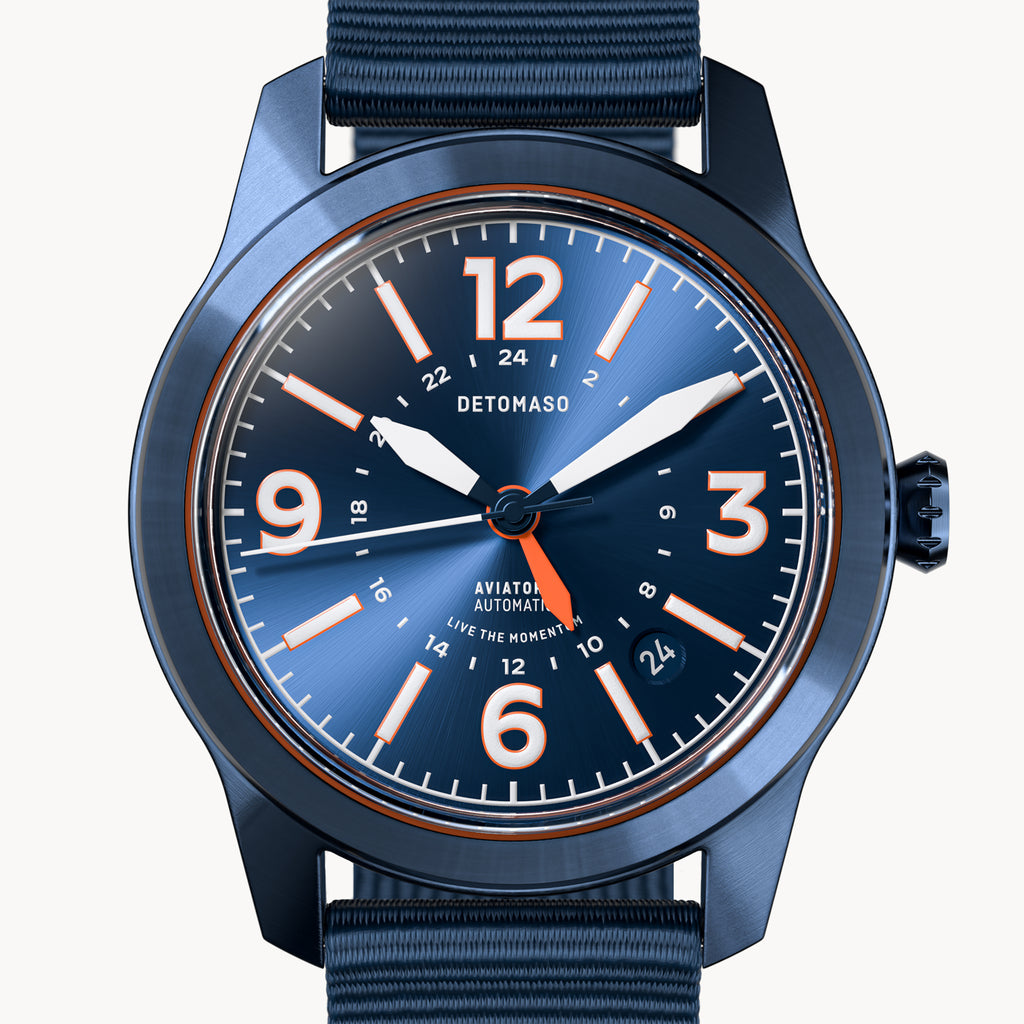 AVIATORE AUTOMATIC GMT
 BLUE ORANGE
 - Ocean Plastic Dark blue Woven - Detomaso Watches