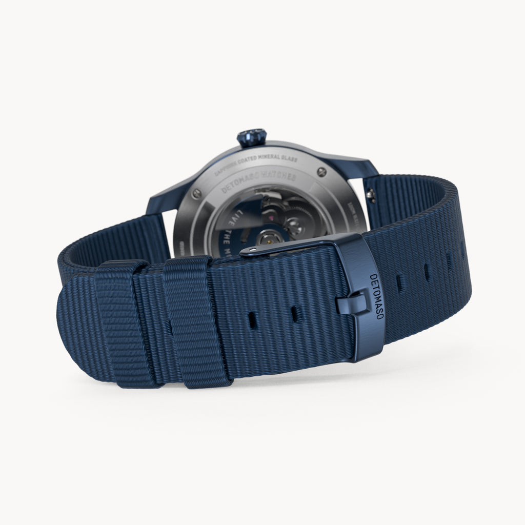 AVIATORE AUTOMATIC GMT
 BLUE ORANGE
 - Ocean Plastic Dark blue Woven - Detomaso Watches