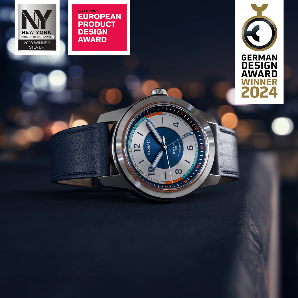 URBAN EXPLORER AUTOMATIC GMT
 SILVER BLUE
 - Leather Blue Toscano - Detomaso Watches