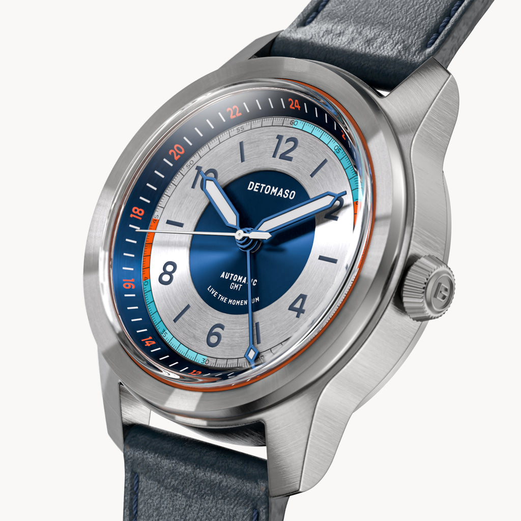 URBAN EXPLORER AUTOMATIC GMT
 SILVER BLUE
 - Leather Blue Toscano - Detomaso Watches