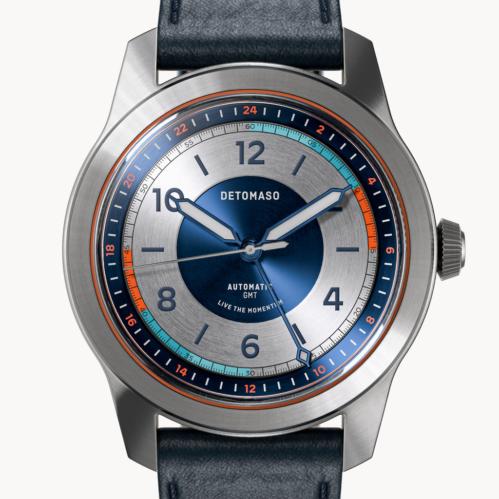 URBAN EXPLORER AUTOMATIC GMT
 SILVER BLUE
 - Leather Blue Toscano - Detomaso Watches