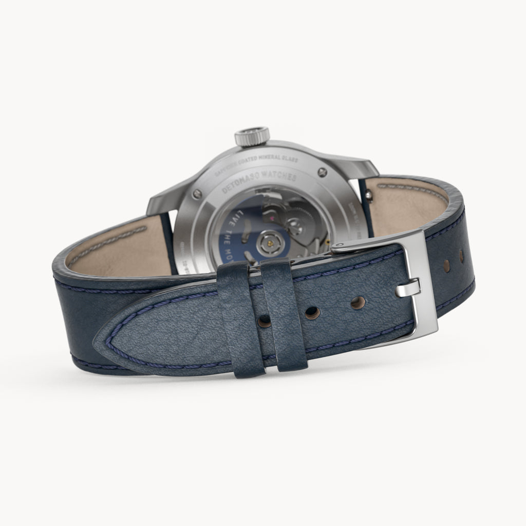 URBAN EXPLORER AUTOMATIC GMT
 SILVER BLUE
 - Leather Blue Toscano - Detomaso Watches