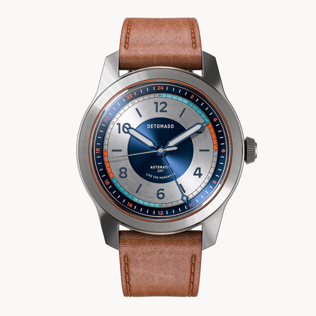URBAN EXPLORER AUTOMATIC GMT
 SILVER BLUE
 - Vegan Apple Leather Brown Smooth - Detomaso Watches